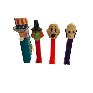 Lot of 4 Unique Vintage Pez Dispensers Uncle Sam Keychain Skull Witch
